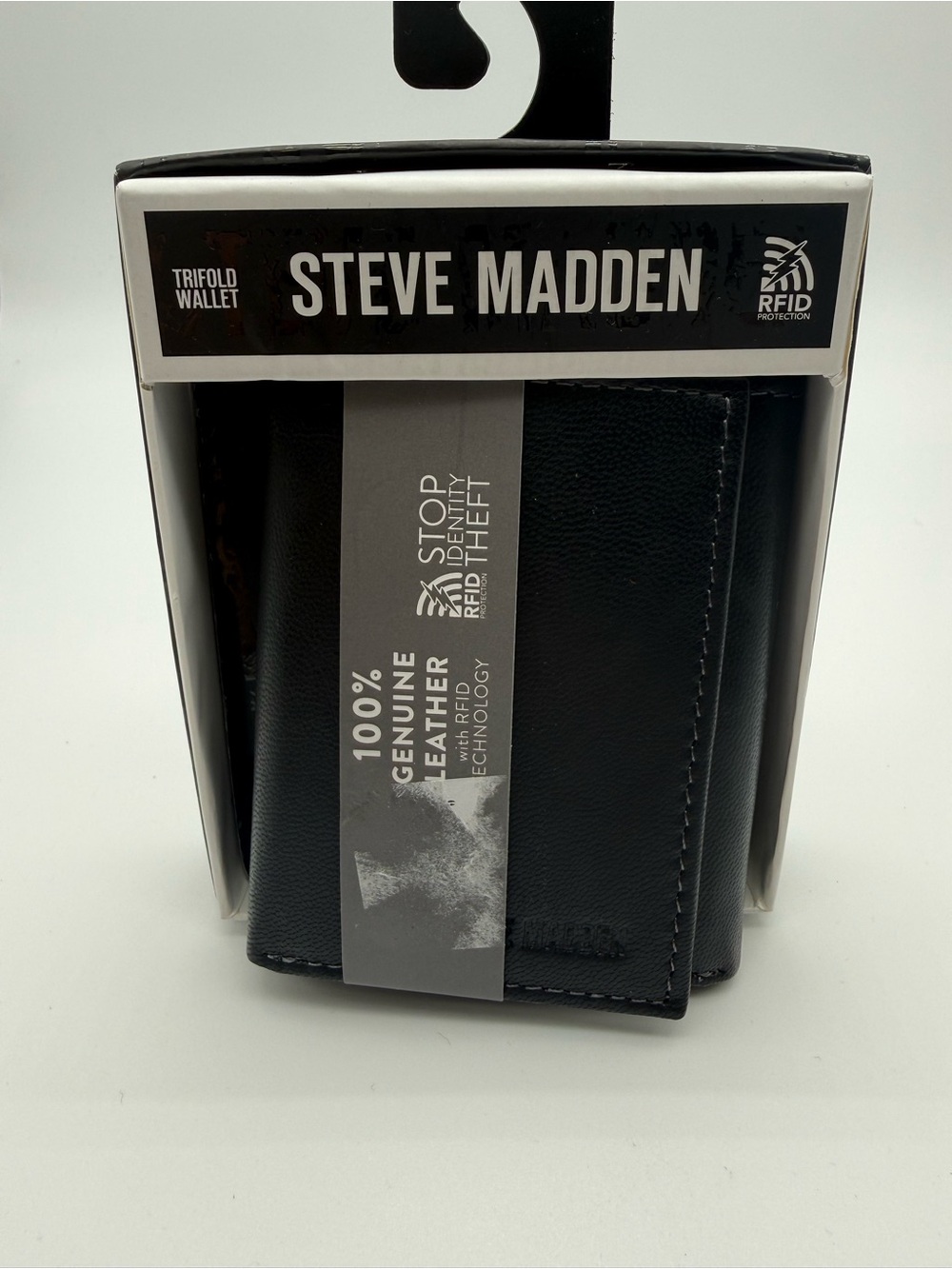 Steve Madden Black Trifold Leather Wallet with RFID Stop Protection